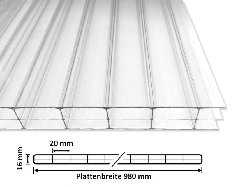Stegplatte PC 16mm Klar longlife 980 mit Querschnitt Stegplatte PC 16mm Klar longlife 980 mit Querschnitt